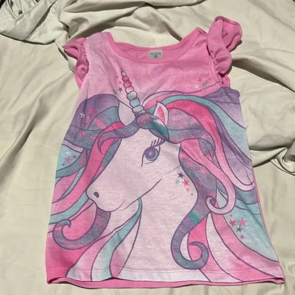 Children place 5/6 unicorn pink purple short sleeve shorts pj’s pajamas guc